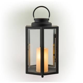 Alpine Corporation 14 in. Tall Outdoor Hexagonal Battery-Operated Metal Lantern with LED Lights, ... | The Home Depot