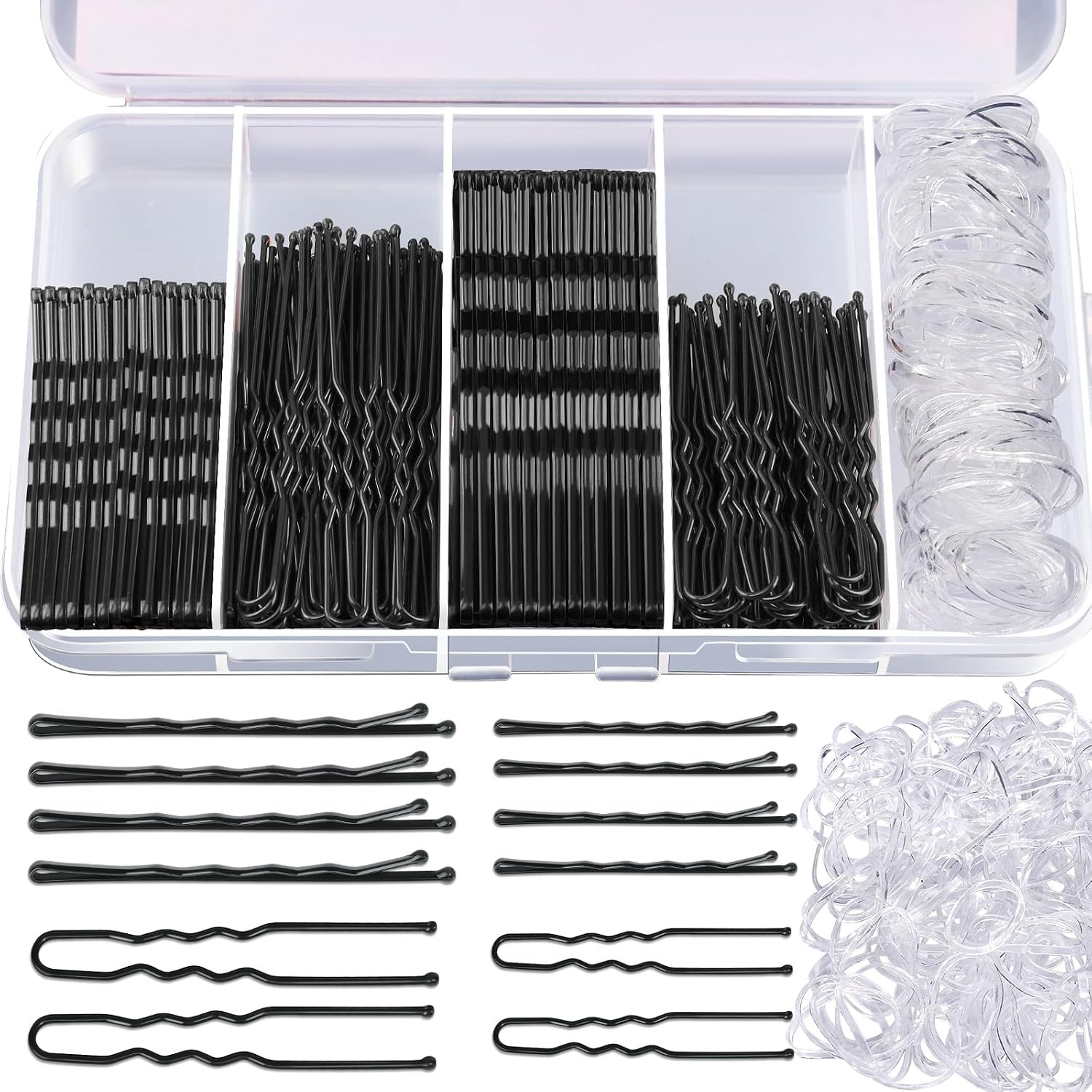 Teenitor 300pcs Hair Pins Bobby Pins Black, 100 Black Bobby Pins 100 Hair Pins for Women and 100 Clear Hair Bands Kit, Black Hair Pins for Buns 2" 2.36" and Black Bobby Pins 2" 2.75" | Amazon (US)