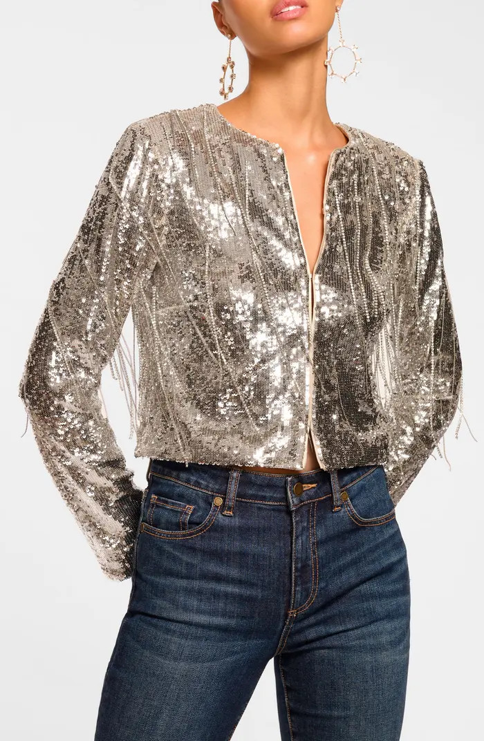 Ramy Brook Sapphire Sequin Fringe Crop Jacket | Nordstrom | Nordstrom