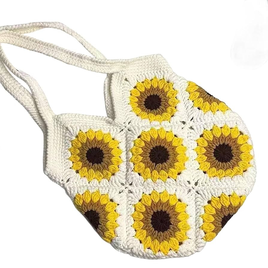 Women's Crochet Bag,Sunflower Crochet Bag Large Tote Bag Woven Crochet Tote Bag Crochet Crossbody... | Amazon (US)