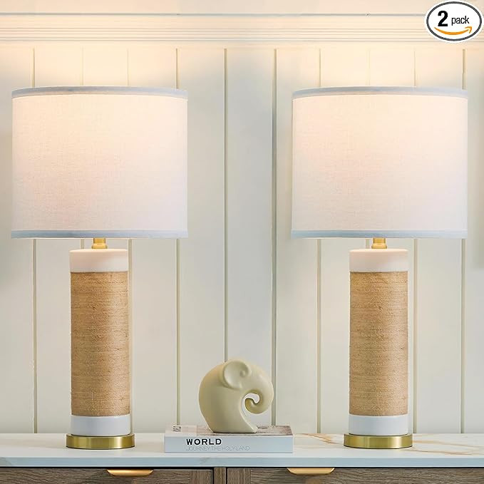 25.75” Rattan Ceramic Lamps for Living Room Set of 2, Farmhouse Table Lamp for Nightstand, Whit... | Amazon (US)