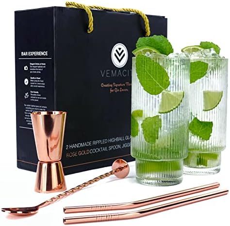 Highball Glasses Set W/ Rose Gold Cocktail Accessories | 2 Ripple Cocktail Glasses + 2 x Metal Straw | Amazon (UK)