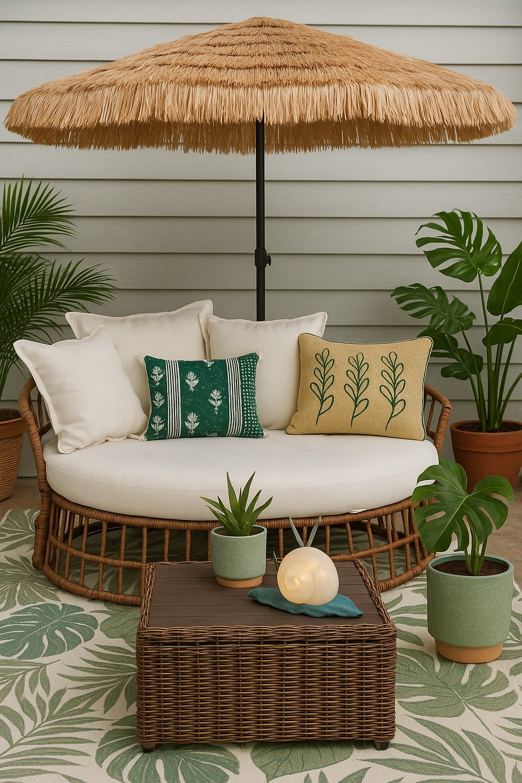 Bring the tropics to your backyard with these At Home Stores finds! This cozy outdoor setup features a rattan daybed, palm leaf rug, and tiki-style umbrella—perfect for lounging in style. The green ceramic planters, textured pillows, and the cutest snail light add a whimsical touch. Everything you need for a relaxing summer patio is right here.

Shop the full look on my LTK!
#LTKhome #LTKoutdoorliving #AtHomeStores #patioinspo #summerdecor #tropicalvibes 

#LTKStyleTip #LTKSeasonal #LTKActive