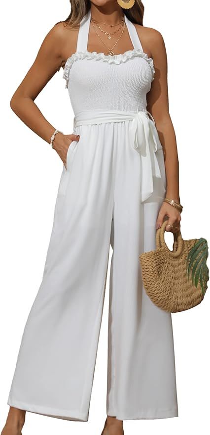 Zexxxy Summer Halter Wide Leg Jumpsuits for Women Ruffle Smocked Pants Rompers 2023 Clothing S-XX... | Amazon (US)