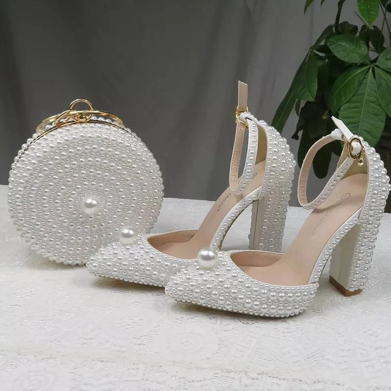 White Pearls Bridal Wedding High Heel Pumps Block Chunky Low | Etsy | Etsy (US)