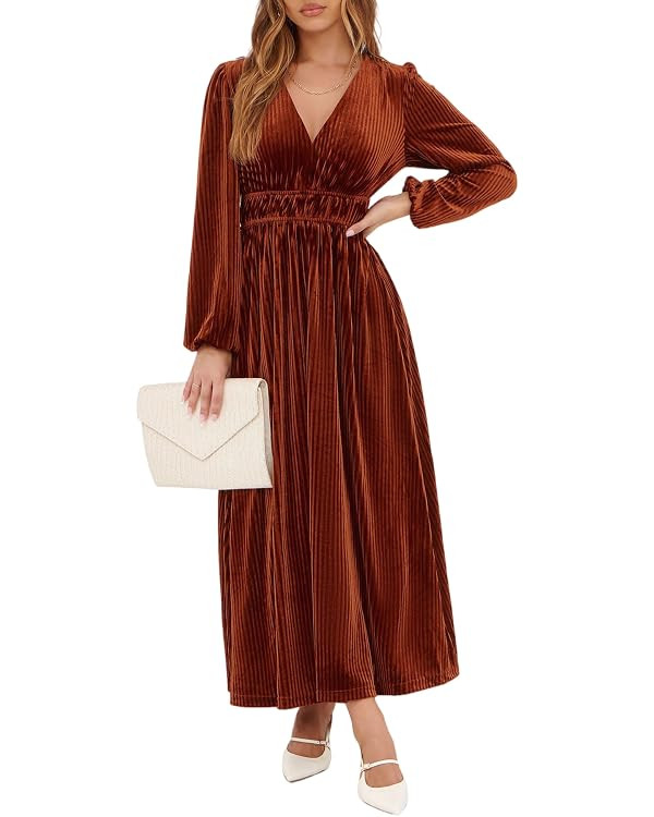 Women's Velvet Long Sleeve Maxi Dress Formal Wedding Guest Cocktail Dress for Fall Winter | Amazon (US)