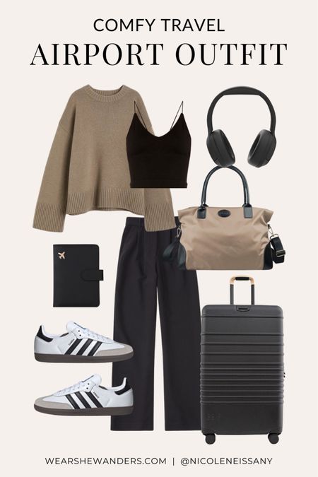 Airport outfit / travel outfit

// comfy travel outfit, comfy airport outfit, casual outfit, errands outfit, athleisure outfit, school outfit, coffee run outfit, brunch outfit, rainy day outfit, lazy day outfit, spring outfit, spring fashion, spring trends, spring 2024 trends, sweater, tank top, cami top, tailored trousers, tailored pants, wide leg pants, black pants, passport cover, passport holder, adidas sambas, sneakers, sneaker trends, wireless headphones, weekender tote bag, weekender bag, travel tote, travel bag, beis carry on suitcase, beis luggage, H&M, hm.com, Amazon, Abercrombie, Adidas, Revolve, Nordstrom, what to wear to the airport, travel style, travel fashion, neutral outfit, neutral fashion, neutral style, Nicole Neissany, Wear She Wanders, wearshewanders.com (4.4)

#LTKshoecrush #LTKtravel #LTKitbag #LTKstyletip #LTKfindsunder100 #LTKsalealert #LTKfindsunder50