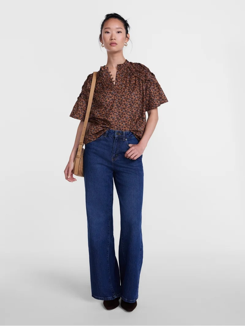 Scenario Women's Gathered Cotton Voile Top with Short Sleeves, Size XS-XXXL | Walmart (US)