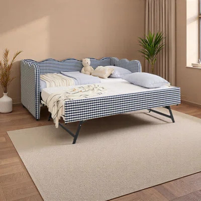 Cozy Gingham Daybed With Trundle Twin Size Sofa Bed No Box Spring Needed, With USB Port And Adorable Wave Shaped, Linen Fabric | Wayfair North America