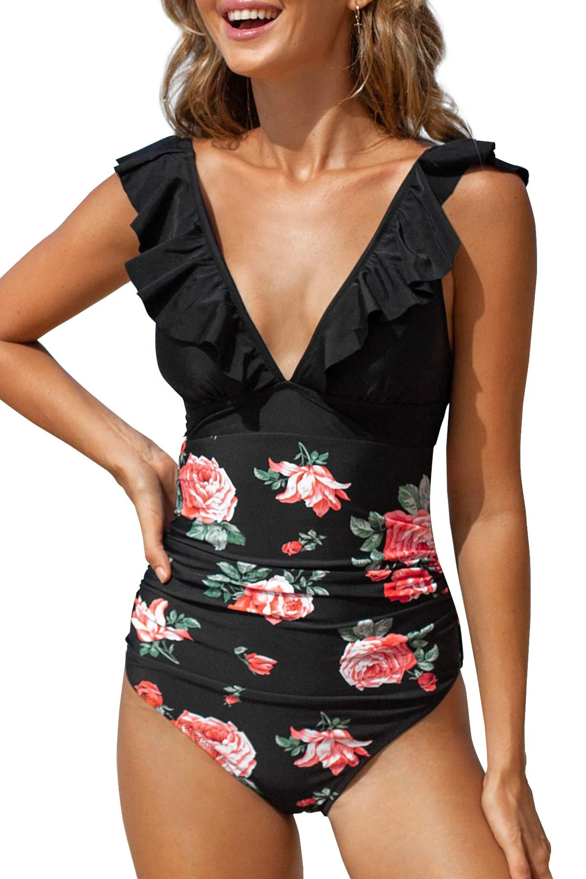 CUPSHE Women's V Neck One Piece Swimsuit Ruffled Lace Up Floral Print Bathing Suit, L | Walmart (US)