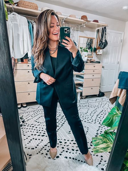 Spanx stretchy suit! It is a dream! I am a midsize 14 wearing an xl in both. (I could have sized down to a large in the blazer for a more fitted look) code: TARYNTRULYXSPANX saves you $ 
Smoothing tank xl
Underwear xl 


#LTKSeasonal #LTKworkwear #LTKcurves
