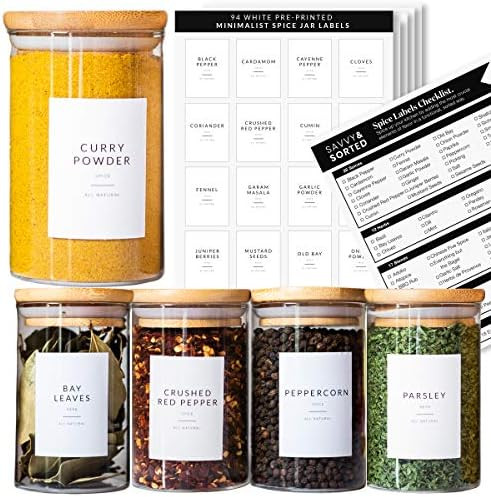 Spice Jar Labels Preprinted - Minimalist Black Text White Label - Fit Round or Rectangle Spice Ja... | Amazon (US)
