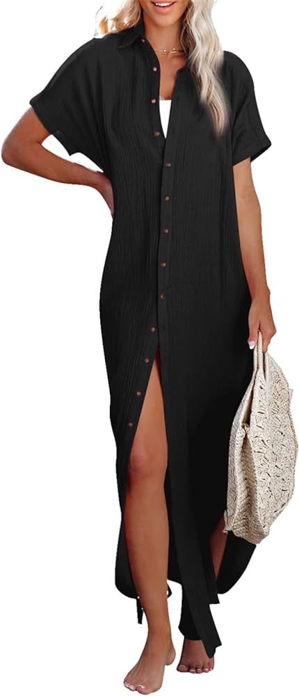 Herseas Womens Casual Short Sleeve Button Down Dress Side Split Long Kimonos Cardigans Swimsuit C... | Amazon (US)