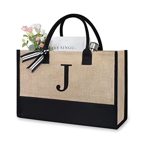 TOPDesign Initial Jute/Canvas Tote Bag, Personalized Present Bag, Suitable for Wedding, Birthday, Beach, Holiday, is a Great Gift for Women, Mom, Teachers, Friends, Bridesmaids (Letter J) | Amazon (US)