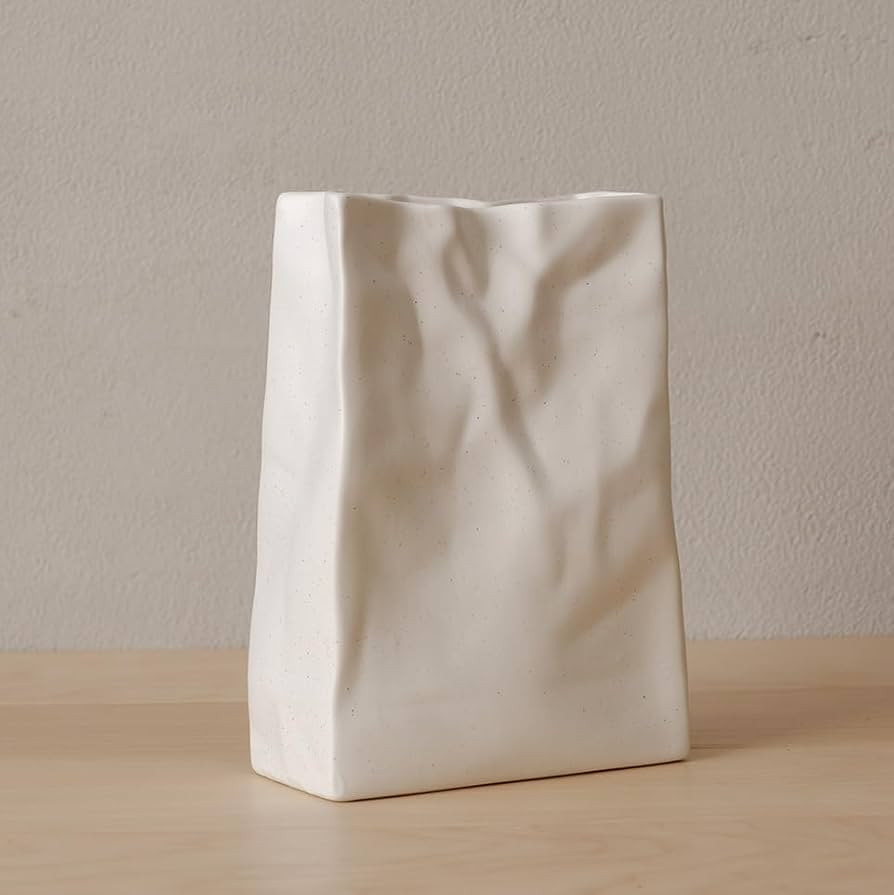 WENSHUO Crinkle Paper Bag Shape Ceramic Vase, Large Capacity for Flower Arrangement, Bookshelf De... | Amazon (US)