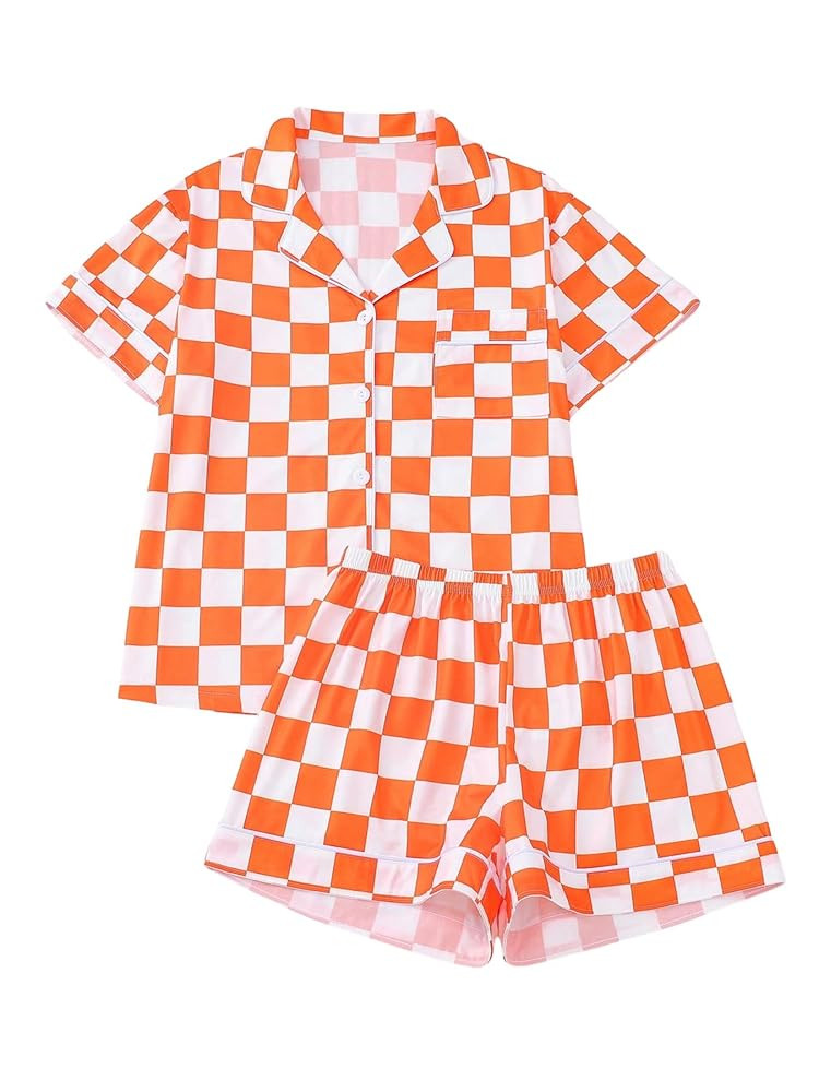 WDIRARA Women's Plaid Checkered Pajama Set Short Sleeve Button Down Shorts Pjs 2 Piece Sleepwear | Amazon (US)