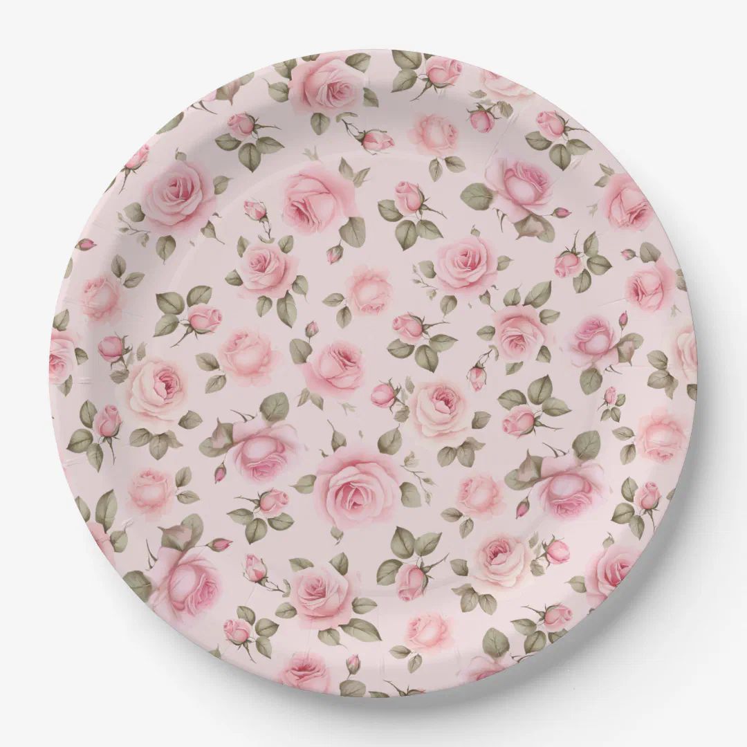 Vintage Pink Flowers Bridal Shower Paper Plates | Zazzle