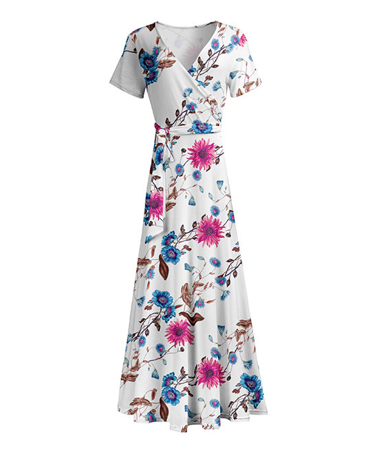 Lily Women's Maxi Dresses BLU - Blue & Pink Floral Wrap Maxi Dress - Women | Zulily
