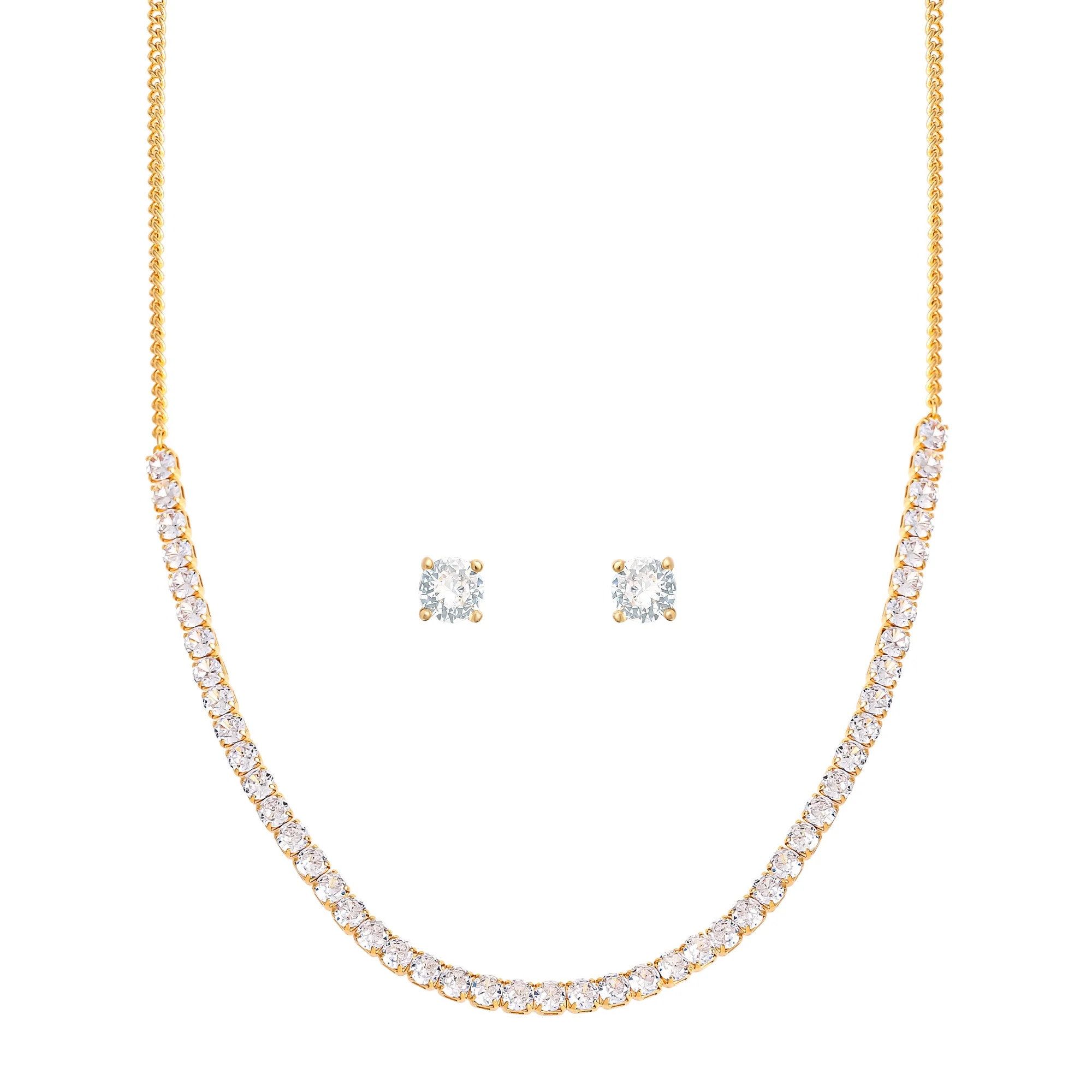 Believe by Brilliance Women's 14KT Gold Flash Plated Brass Cubic Zirconia Tennis Necklace and Ear... | Walmart (US)