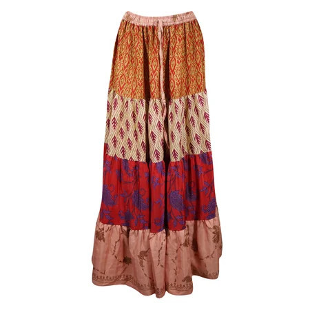 Womens Red Orange Floral Patchwork Boho Maxi Skirt Beach Style S/M | Walmart (US)