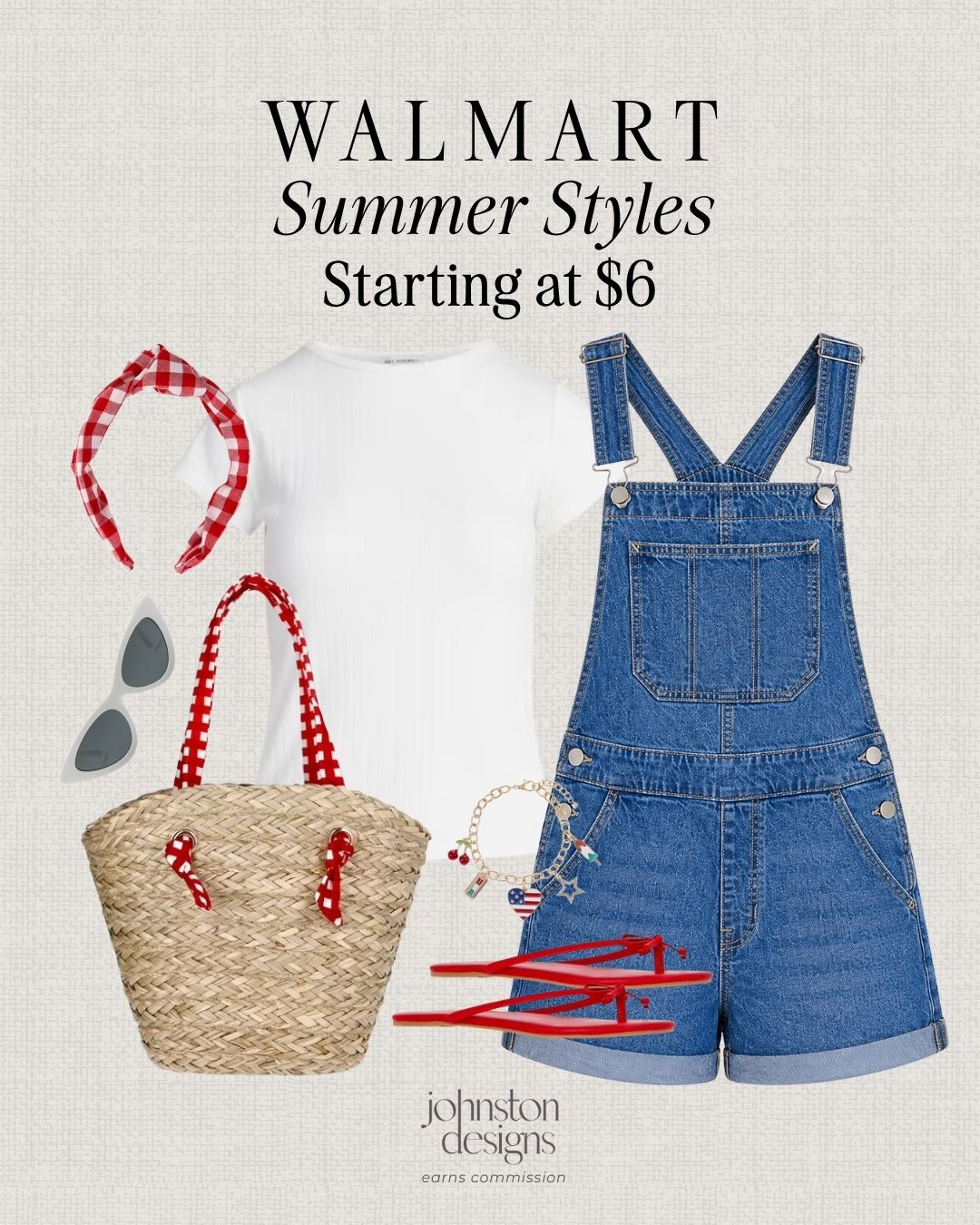 Walmart summer styles starting at $6 with denim shortalls, a classic white tee and red gingham accessories. 🇺🇸

Walmart summer styles, denim shortalls outfit, white tee outfit, red gingham headband, straw tote bag, red flip flops, cat eye sunglasses, patriotic bracelet, affordable Walmart fashion, casual summer outfit, Fourth of July outfit, red white blue style, budget friendly style finds, easy weekend look 

 #LTKootd #LTKSeasonal