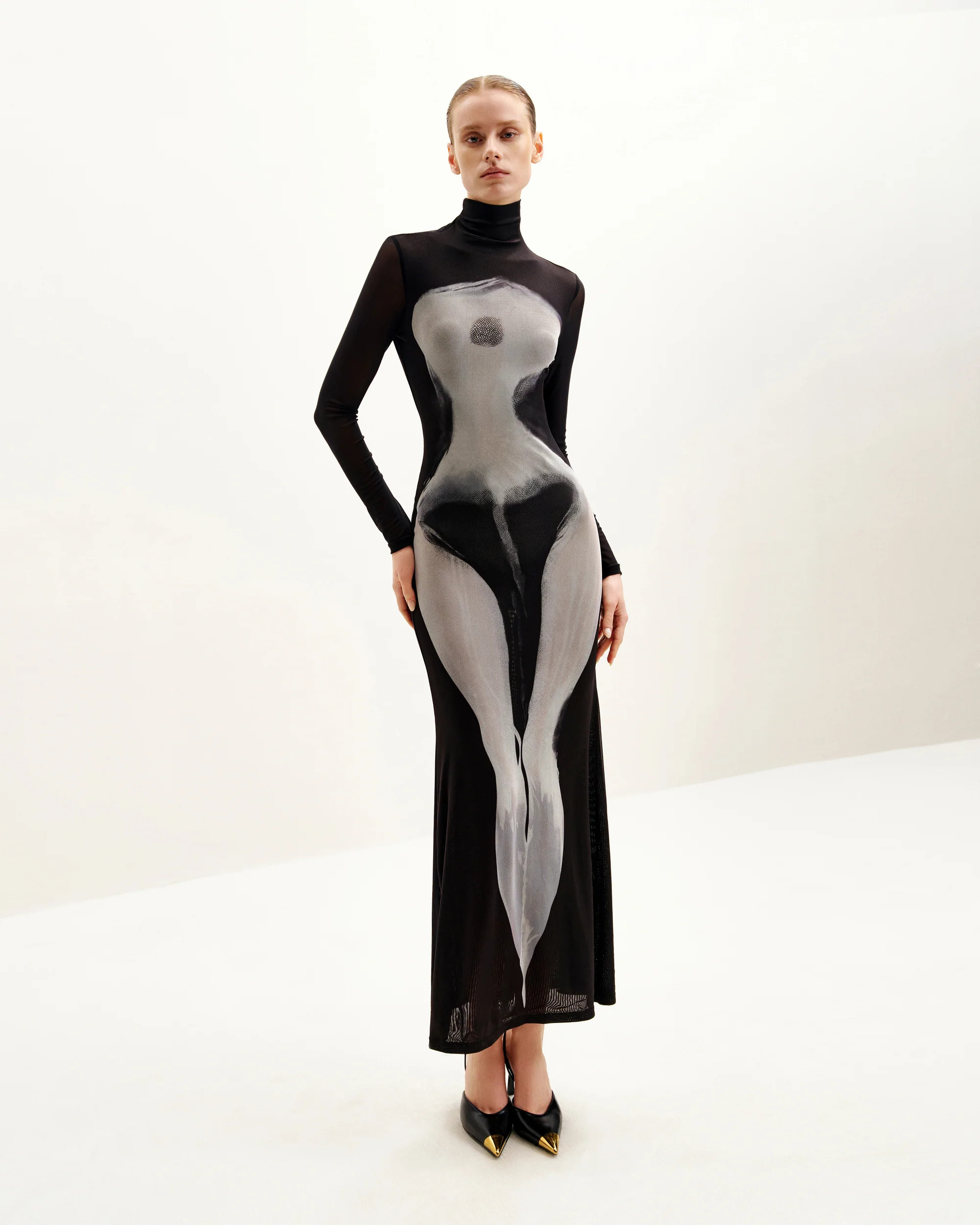 Eva Body Print Mesh Dress - Black and White | JW PEI US
