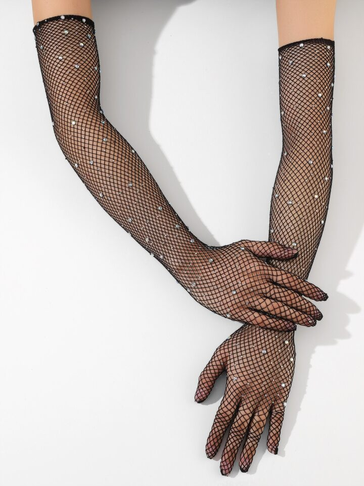 Rhinestone Decor Fishnet Long Gloves | SHEIN