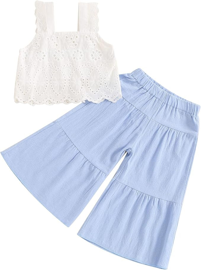Aopwsrlyi Kids Baby Girls Summer Cotton Linen Outfit Sleeveless Lace Tank Tops Bell-bottom Wide L... | Amazon (US)