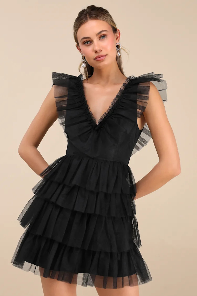 Striking Sensation Black Tulle Tiered Ruffled Mini Dress | Lulus