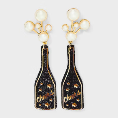 New Years Holiday Champagne Bottle Post Drop Earrings - Black/Gold | Target