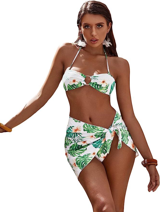 Romwe Women's Rainbow Striped String Triangle Halter Bikini Swimsuit with Beach Skirts | Amazon (US)