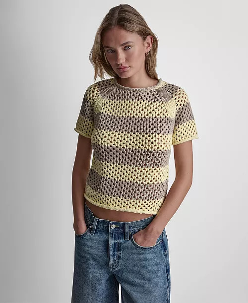 Women's Short-Sleeve Raglan Stripe Pointelle Pull-On Sweater | Macy's
