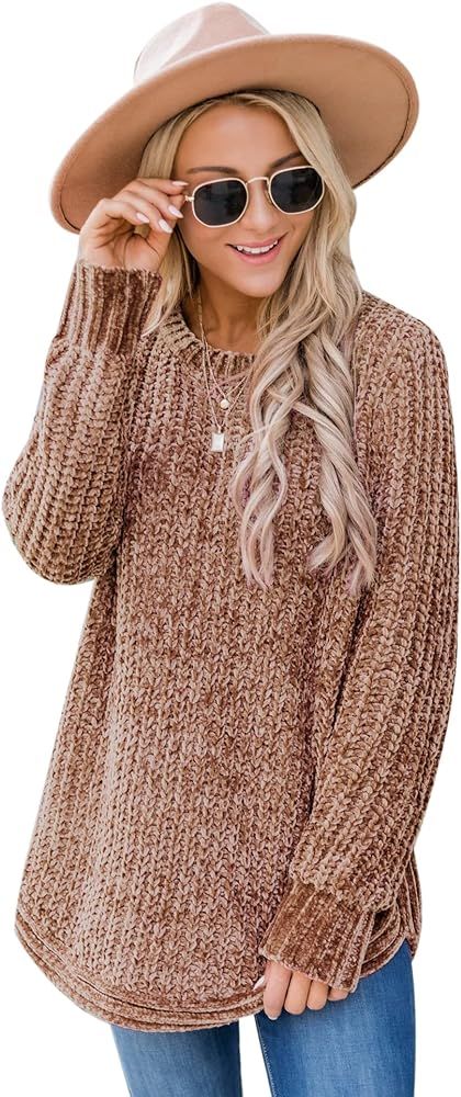 Chigant Womens Chenille Sweaters Long Sleeve Pullover Jumper Round Neck Jumper Tops S-XXL | Amazon (US)