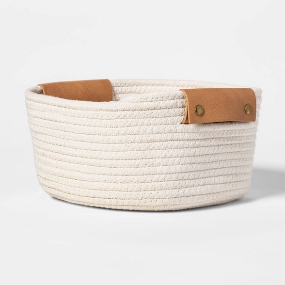 11" Decorative Coiled Rope Square Base Tapered Basket with Leather Handles Small White - Threshol... | Target