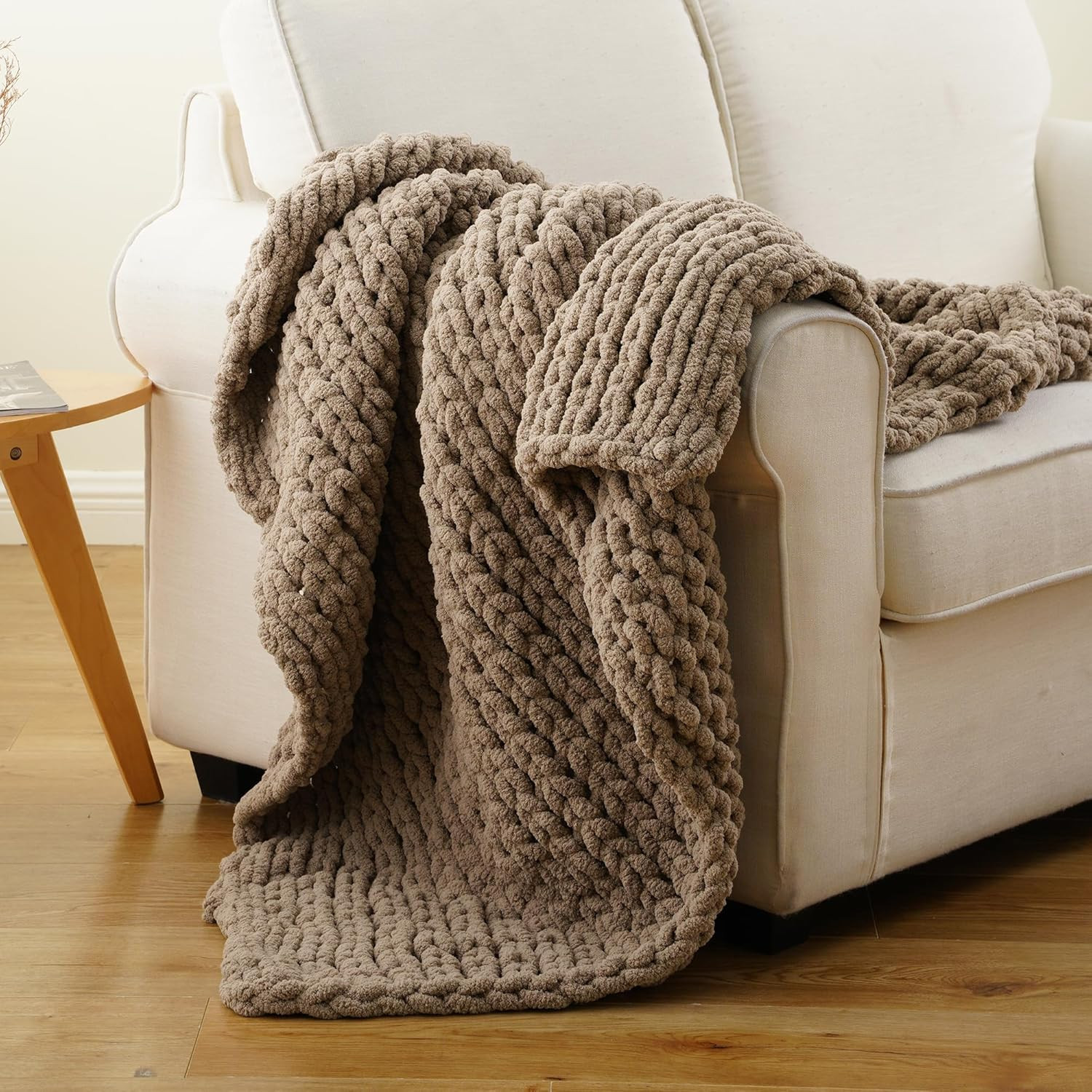 Beige Chunky Knit Throw Blanket, Taupe Chenille Throw Blanket 50"x60" | Handmade Cable Knit Crochet Blanket, Cozy Knot Knitted Throw Blankets for Couch Home Decor | Amazon (US)