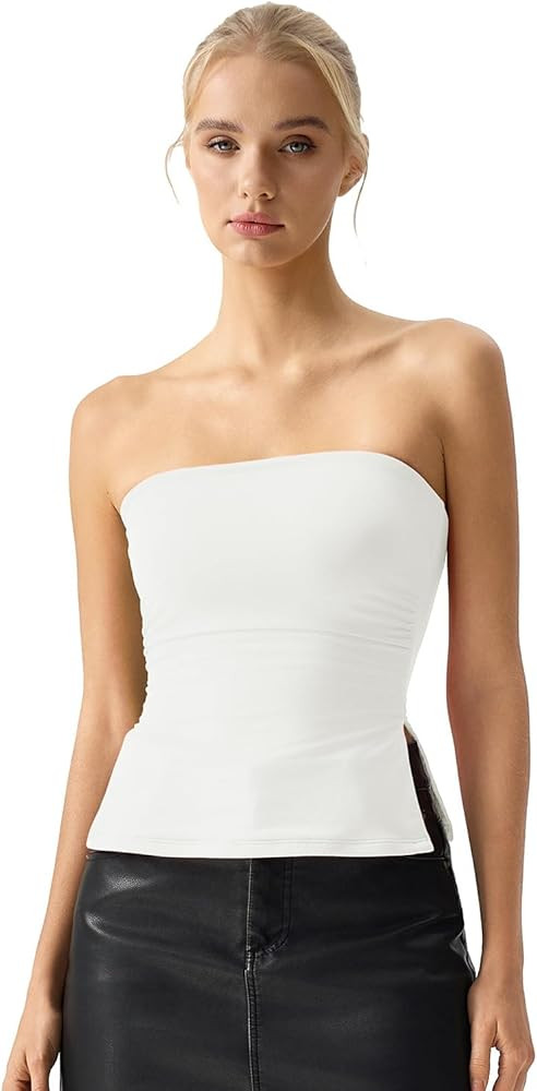 QINSEN Women's Tube Top Double Lined Side Split Strapless Bandeau Top Ruched Summer Going Out Tan... | Amazon (US)