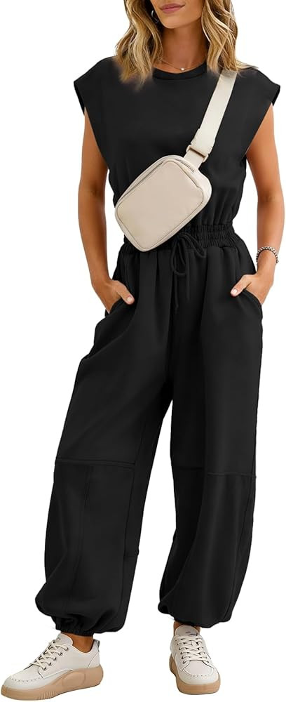 Flygo Womens Casual Jumpsuit Crewneck Cap Sleeve Long Wide Leg Pants One Piece Outfits Drawstring... | Amazon (US)