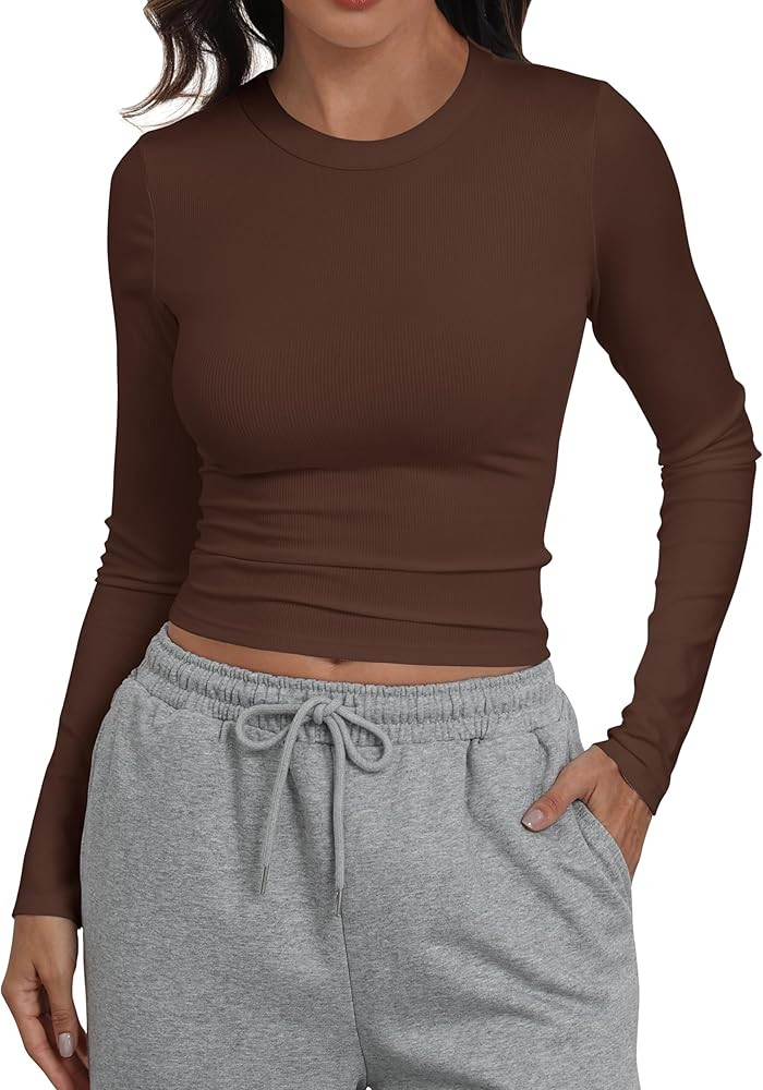 Artfish Women Crew Neck Ribbed Knit Long Sleeve T-Shirt Form Fitting Casual Basic Tops | Amazon (US)