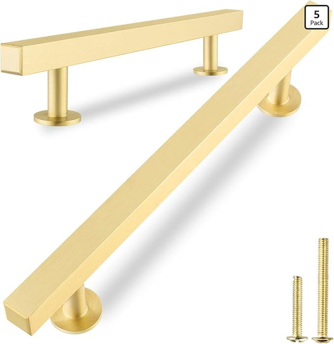 QOGRISUN 5-Pack Solid Brass Cabinet Handles, Gold Square T Bar Cabinet Pulls, 6-1/4 Inch Hole Cen... | Amazon (US)
