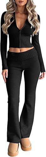 LILLUSORY Women's 2 Piece Knit Sets Slim Fit Zip Up Hooded Flare Leg Pants Set Sweatsuit | Amazon (US)