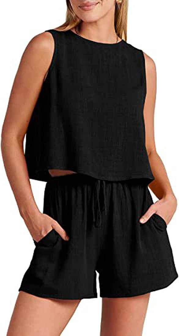 PUWEI Womens Summer Linen 2 Piece Sets Lounge Outfits Crop Tank Top High Waist Shorts Matching Sets | Amazon (US)