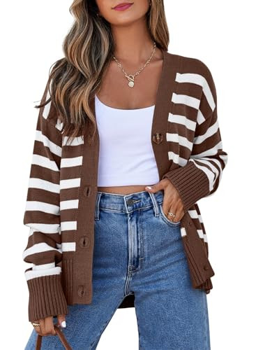 EVALESS Womens Striped Cardigan Sweaters Long Sleeve V Neck Lightweight Open Front Button Down Kn... | Amazon (US)