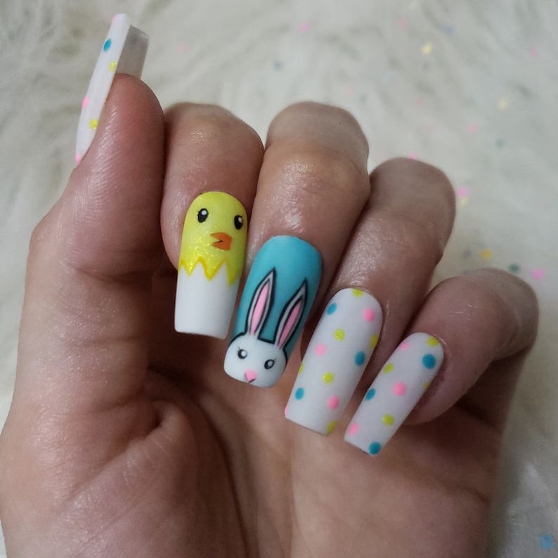 Easter Dots, Easter press on nails, Bunny Nails, Colorful Easter nails, Cute easter nails, Pastel... | Etsy (US)