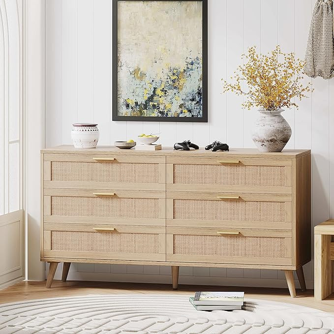 Rovaurx 6 Drawer Double Dresser for Bedroom, Rattan Chest of Dressers, Modern Wooden Dresser Ches... | Amazon (US)