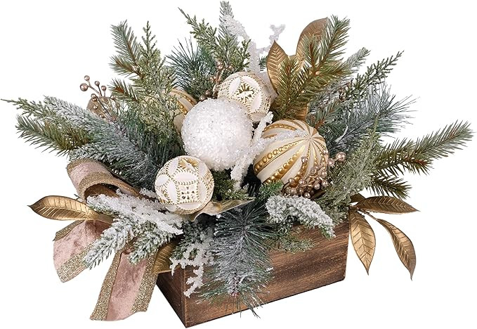 Elegant White and Gold Christmas Floral Arrangement, Artificial Pine with Ornaments in Rustic Woo... | Amazon (US)