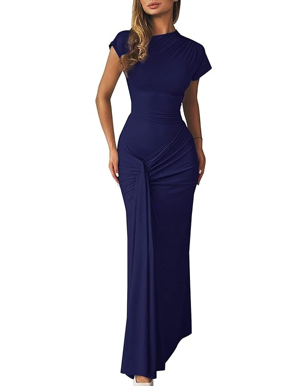 Mojessy Women Bodycon Maxi Dress Sexy Mock Neck Lace Up Bandage Ruched Short Sleeve Long Dress Co... | Amazon (US)
