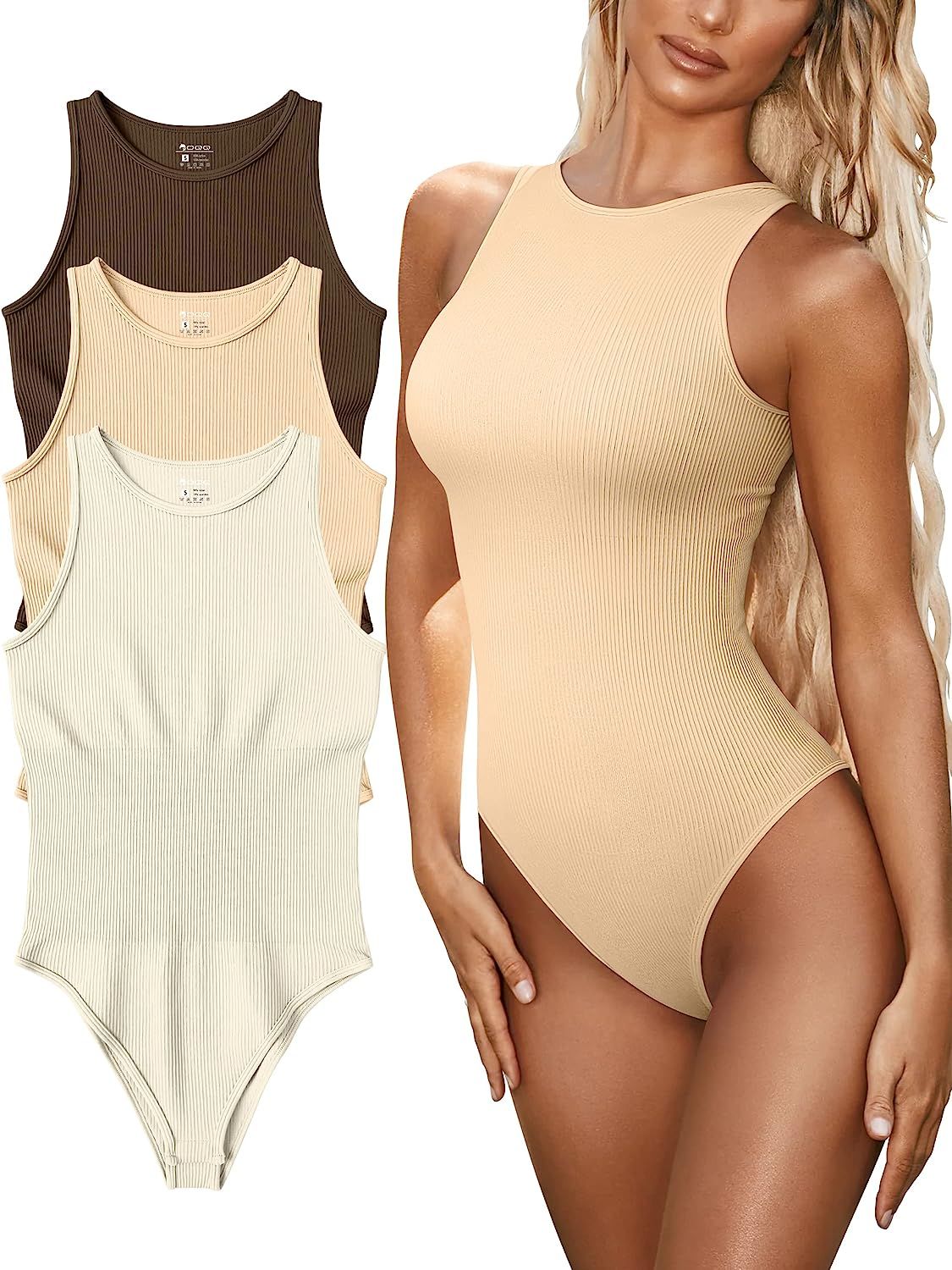 OQQ Women's 3 Piece Bodysuits Sexy Ribbed One Piece Sleeveless Halter Neck Bodysuits | Amazon (US)