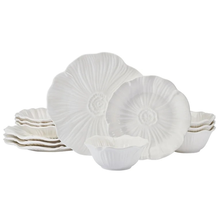 Beautiful Embossed Flower 12 Pc Stoneware Dinnerware Set White, by Drew Barrymore | Walmart (US)