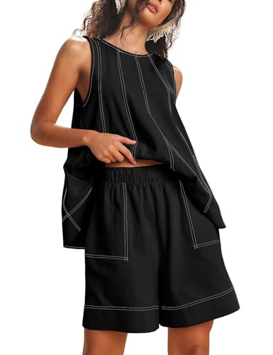 Amazon.com: Gozoloma Womens 2 piece Outfits Sleeveless Matching Sets A Line Tank Tops Contrast St... | Amazon (US)