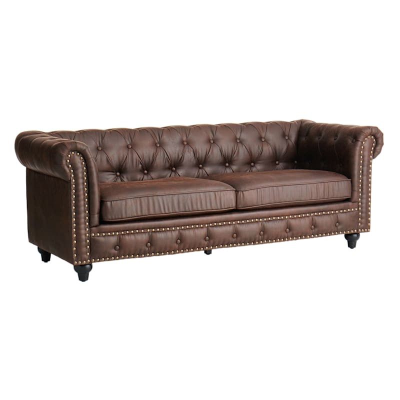 Chesterfield Brown Faux Leather Tufted Sofa, 79" | At Home